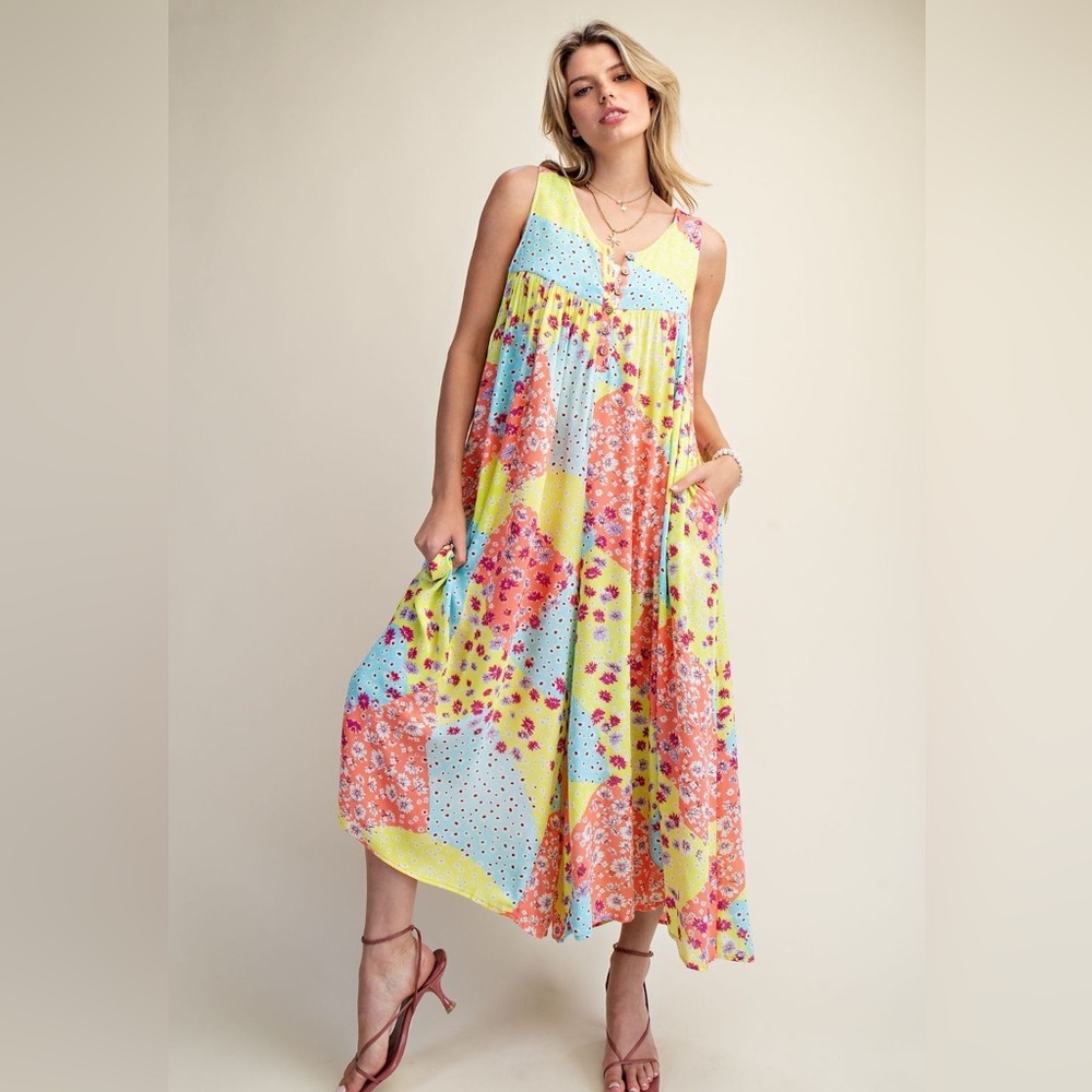 #91 easel Yellow, Blue & Coral Patchwork Floral Maxi Jumpsuit - Picture 2 of 3